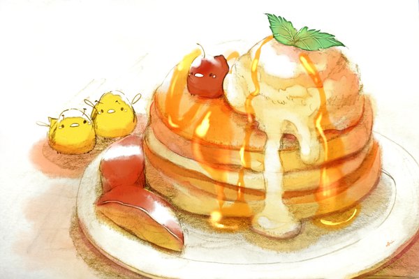 イラスト 2000x1334 と オリジナル チャイ highres simple background no people 食べ物 スイーツ 葉 アイスクリーム お皿 生き物 pancake (pancakes) honey