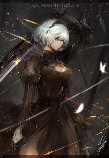 Anime picture 1687x2445 with nier nier:automata yorha no. 2 type b marumoru single tall image short hair breasts standing holding signed cleavage white hair arm up wind sparkle puffy sleeves copyright name outstretched arm side slit