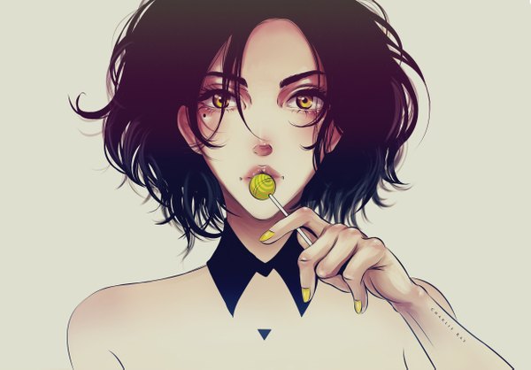 Anime picture 2475x1725 with original charlie ray single looking at viewer blush highres short hair open mouth black hair simple background yellow eyes nail polish grey background mole mole under eye close-up yellow nail polish girl food sweets