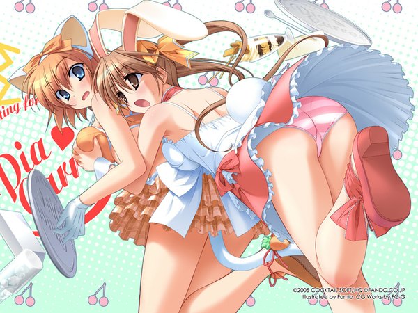 Anime picture 1024x768 with pia carrot pia carrot e youkoso!! g.o. kunugi ayano fumio (ura fmo) blush breasts blue eyes light erotic brown hair multiple girls brown eyes animal ears ass tail cat ears cat tail bunny ears pantyshot wallpaper breast grab