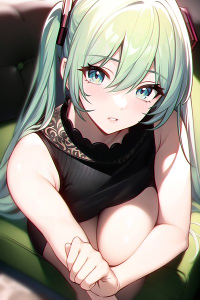 Anime picture 1024x1536 with vocaloid hatsune miku 95--- single long hair tall image looking at viewer blush fringe blue eyes hair between eyes sitting twintails bare shoulders payot blue hair parted lips head tilt aqua eyes green hair