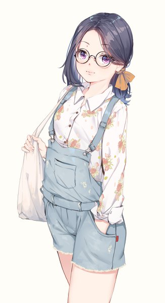 Anime picture 654x1200 with original fangxiang cuoluan single long hair tall image black hair simple background white background purple eyes looking away from above floral print hand in pocket twisty sleeves girl shirt glasses bag overalls