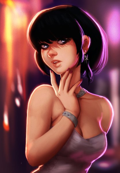 Anime picture 1726x2483 with carlos eduardo single tall image looking at viewer fringe highres short hair breasts black hair bare shoulders nail polish fingernails lips silver eyes girl earrings bracelet