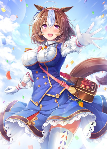Anime picture 1550x2156 with umamusume meisho doto (umamusume) akashio (loli ace) single tall image looking at viewer blush fringe short hair breasts open mouth smile hair between eyes brown hair large breasts standing purple eyes animal ears sky cloud (clouds)