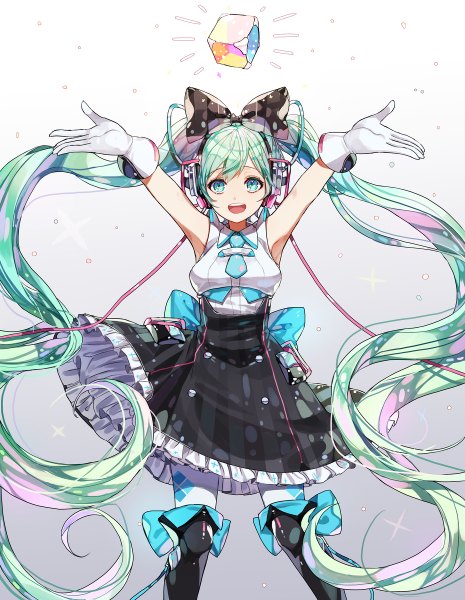 Anime picture 930x1200 with vocaloid magical mirai (vocaloid) hatsune miku magical mirai miku magical mirai miku (2016) kim eb single tall image open mouth standing twintails very long hair aqua eyes green hair arms up armpit (armpits) gradient background spread arms girl skirt