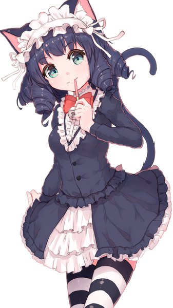 Anime picture 810x1440 with show by rock!! studio bones cyan (show by rock!!) shone single tall image looking at viewer blush fringe short hair breasts black hair simple background standing white background green eyes animal ears looking away tail head tilt