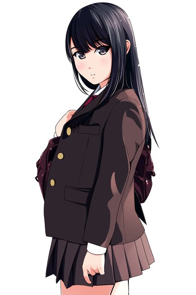 Anime picture 800x1200 with original matsunaga kouyou single long hair tall image looking at viewer blush black hair simple background white background black eyes girl skirt uniform school uniform miniskirt