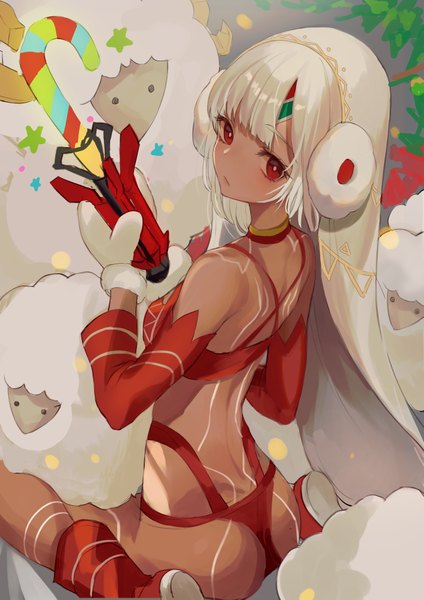 Anime picture 2894x4093 with fate (series) fate/grand order altera (fate) altera the santa (fate) nabi (uz02) single tall image looking at viewer blush fringe highres short hair light erotic red eyes sitting bare shoulders ass white hair blunt bangs looking back