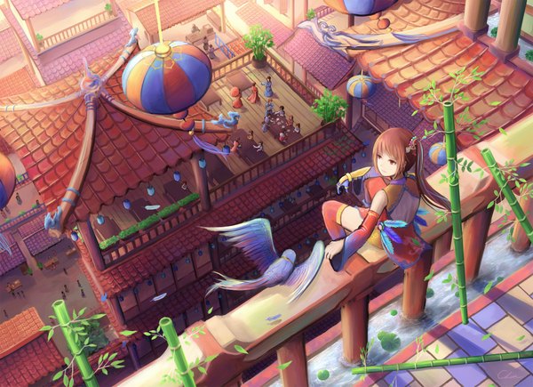 Anime picture 1920x1394 with original charlottexxi (artist) long hair highres red eyes brown hair sitting bare shoulders looking away ponytail traditional clothes looking back back city side ponytail girl thighhighs hair ornament plant (plants) detached sleeves