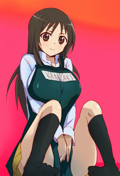 Anime picture 614x900 with yowamushi pedal kanzaki miki tagme (artist) single long hair tall image looking at viewer blush breasts light erotic simple background smile brown hair large breasts sitting brown eyes pleated skirt no shoes open collar girl