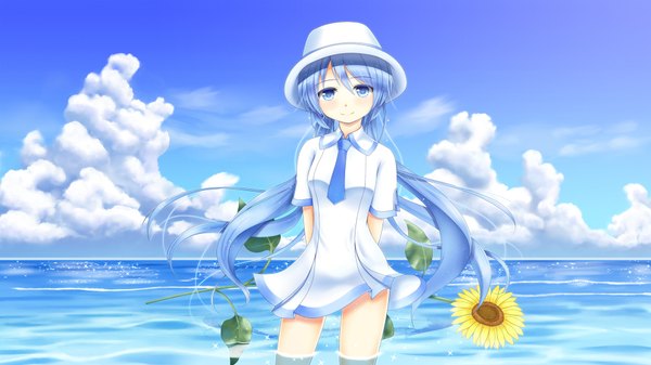 Anime picture 1920x1080 with vocaloid hatsune miku sevenedge single long hair looking at viewer blush highres blue eyes smile wide image standing twintails holding blue hair sky cloud (clouds) low twintails hands behind back horizon
