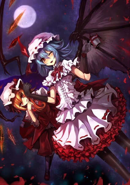Anime picture 1060x1500 with touhou flandre scarlet remilia scarlet mamuru tall image short hair open mouth smile red eyes multiple girls blue hair one eye closed wink orange hair bat wings girl dress gloves 2 girls wings