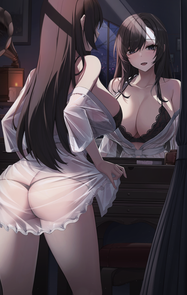 Anime picture 2202x3478 with original g home single long hair tall image fringe highres breasts open mouth light erotic black hair large breasts standing holding cleavage ass indoors from behind black eyes night