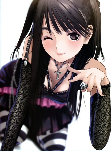 Anime picture 3143x4288 with love plus takane manaka mino tarou single long hair tall image looking at viewer blush highres breasts black hair simple background smile white background cleavage nail polish one eye closed fingernails lips wink