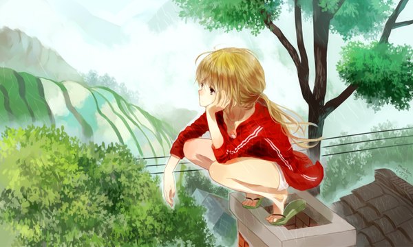 Anime picture 1400x840 with original moekon single long hair blonde hair wide image twintails brown eyes signed profile wind rain squat mountain girl plant (plants) tree (trees) shorts roof