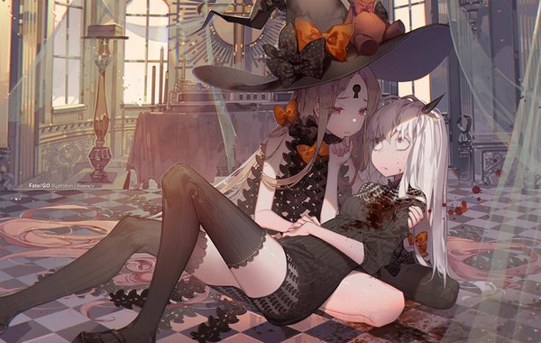 Anime picture 1024x650 with fate (series) fate/grand order abigail williams (fate) lavinia whateley (fate/grand order) abigail williams (second ascension) (fate) kawacy fringe brown hair sitting multiple girls signed bent knee (knees) white hair indoors lying very long hair pink eyes horn (horns) copyright name tears