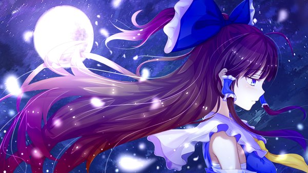 Anime picture 1920x1080 with touhou hakurei reimu guanghe zuoyong de de yezi single long hair fringe highres blue eyes wide image payot looking away purple hair upper body ahoge ponytail red hair traditional clothes japanese clothes profile multicolored hair