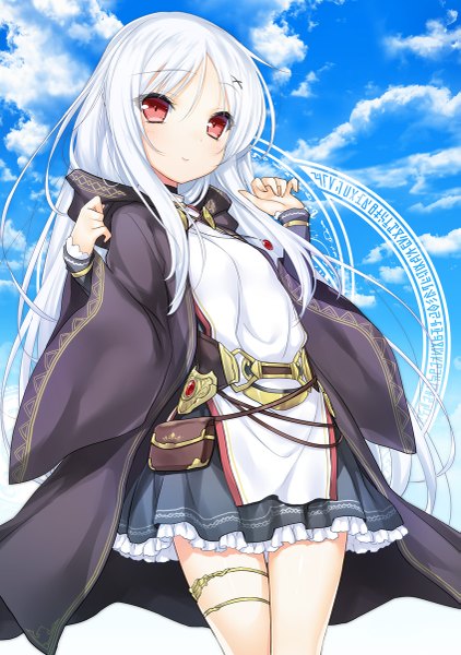 Anime picture 845x1200 with original 47agdragon single long hair tall image looking at viewer blush fringe breasts hair between eyes red eyes standing payot sky cloud (clouds) ahoge white hair long sleeves light smile wide sleeves