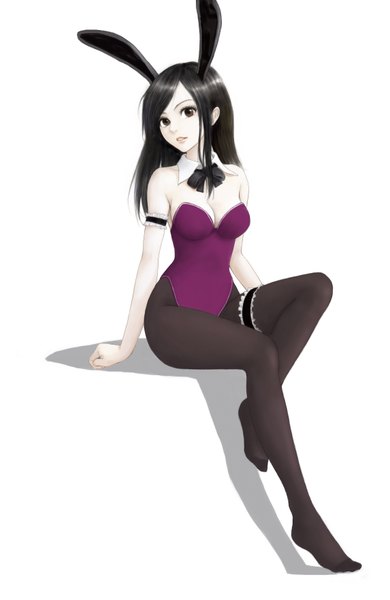 Anime picture 1146x1762 with original erurodo (artist) single long hair tall image looking at viewer breasts light erotic black hair simple background white background sitting bare shoulders brown eyes animal ears shadow bunny ears girl bow pantyhose