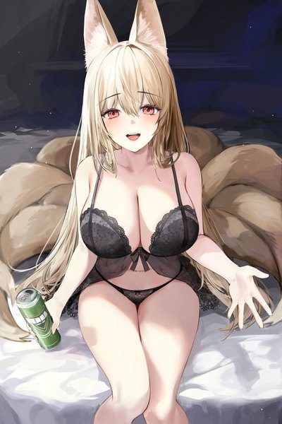 Anime picture 4000x6000 with original lillly single long hair tall image looking at viewer fringe highres breasts open mouth light erotic blonde hair smile hair between eyes red eyes large breasts sitting holding animal ears absurdres