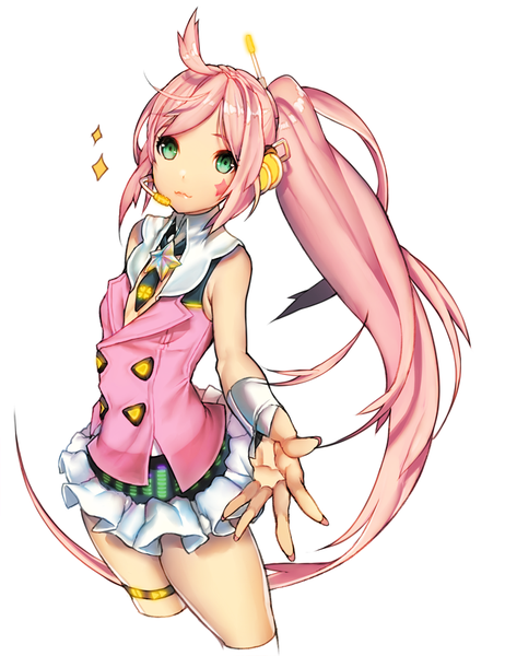 Anime picture 700x908 with vocaloid uni (vocaloid) honey bee (bancoth) single tall image looking at viewer simple background white background bare shoulders green eyes pink hair ahoge very long hair from above facial mark side ponytail outstretched hand girl headphones wrist cuffs