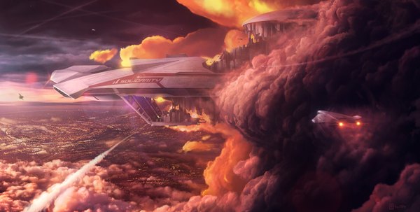 Anime picture 1600x809 with original rahll (artist) wide image sky cloud (clouds) wallpaper flying no people scenic science fiction floating island aircraft airplane island airship flying castle