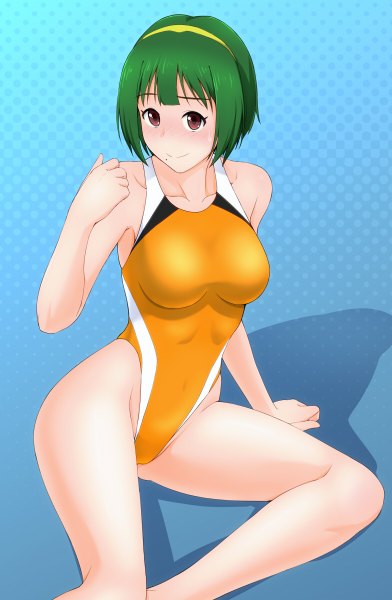 Anime picture 784x1200 with idolmaster otonashi kotori tetuo kun single tall image looking at viewer blush short hair light erotic smile red eyes green hair mole mole under mouth girl swimsuit hairband one-piece swimsuit