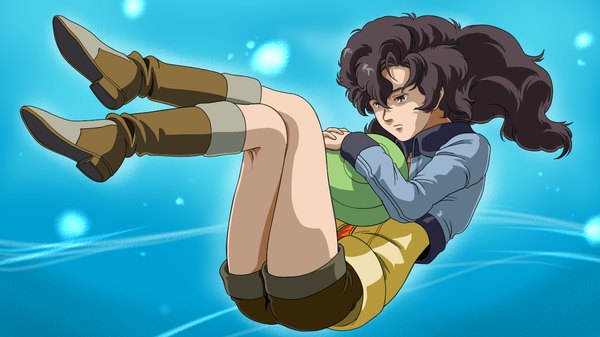 Anime picture 1280x720 with mobile suit gundam gundam unicorn sunrise (studio) haro micott bartsch bokushi (artist) long hair black hair wide image legs hug blue background weightlessness girl jacket shorts boots mecha