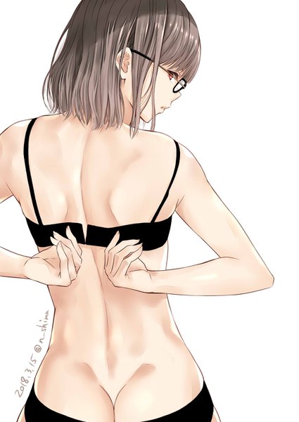 Anime picture 1000x1412 with original nabeshima tetsuhiro single tall image looking at viewer fringe short hair light erotic simple background red eyes standing white background signed ass profile looking back grey hair from behind underwear only twitter username