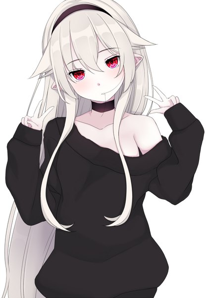 Anime picture 840x1200 with original afilia (kiyomin) kiyomin single tall image looking at viewer blush fringe light erotic simple background hair between eyes red eyes standing white background payot silver hair very long hair head tilt pointy ears off shoulder