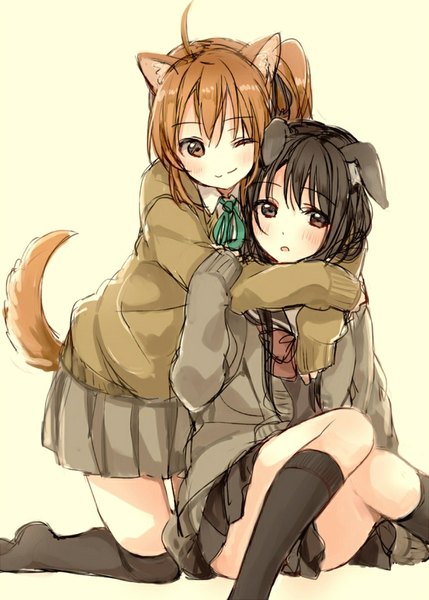 Anime picture 711x995 with original krsk long hair tall image looking at viewer blush fringe open mouth black hair smile brown hair standing sitting multiple girls brown eyes animal ears ponytail tail eyes closed animal tail