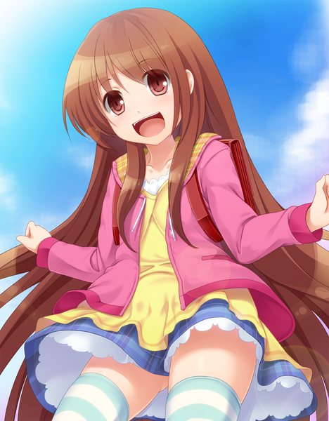 Anime picture 1600x2048 with original soranopin single long hair tall image open mouth red eyes brown hair girl thighhighs skirt miniskirt jacket striped thighhighs school bag
