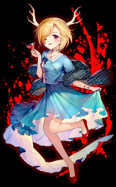 Anime picture 1300x2091 with touhou kicchou yachie ainy single tall image looking at viewer blush short hair open mouth blonde hair red eyes full body one eye closed horn (horns) wink black background ;d girl choker cocktail glass