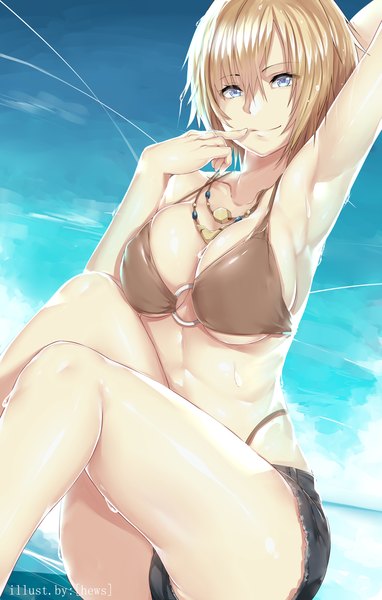 Anime picture 3500x5500 with original hews single tall image looking at viewer highres short hair breasts blue eyes light erotic blonde hair large breasts absurdres armpit (armpits) girl shorts short shorts bikini top