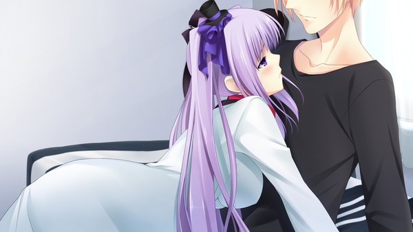 Anime picture 1280x720 with chuning lover tougetsuin aisu koso long hair blush wide image purple eyes twintails game cg purple hair couple girl boy hat
