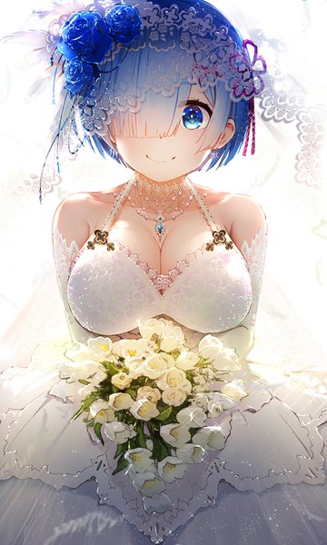 Anime picture 900x1500 with re:zero kara hajimeru isekai seikatsu white fox rem (re:zero) baisi shaonian single tall image looking at viewer fringe short hair breasts blue eyes light erotic simple background smile large breasts standing white background bare shoulders blue hair cleavage