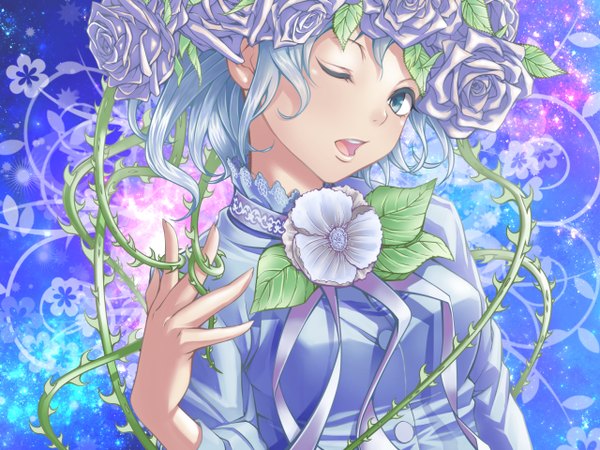 Anime picture 1280x960 with original suishougensou single looking at viewer short hair open mouth blue eyes blue hair one eye closed hair flower wink girl hair ornament flower (flowers) ribbon (ribbons) rose (roses) leaf (leaves) thorns