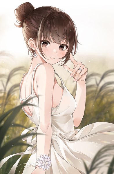 Anime picture 2006x3061 with original lebring single tall image looking at viewer blush fringe highres short hair breasts smile brown hair standing brown eyes payot outdoors blunt bangs arm up fingernails hair bun (hair buns)