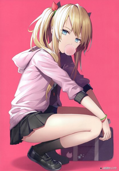 Anime-Bild 2517x3613 mit original rin yuu single long hair tall image looking at viewer fringe highres blue eyes simple background blonde hair twintails payot full body bent knee (knees) pleated skirt scan open jacket hieroglyph squat