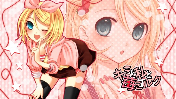Anime picture 1600x900 with vocaloid kagamine rin single blush short hair blue eyes blonde hair wide image nail polish one eye closed wink leaning wallpaper leaning forward striped polka dot polka dot background striped background girl thighhighs