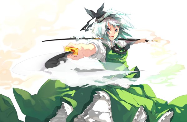 Anime picture 3808x2488 with touhou konpaku youmu tsukimoto aoi single looking at viewer highres open mouth blue eyes absurdres white hair foreshortening girl dress skirt ribbon (ribbons) weapon hair ribbon sword katana skirt set