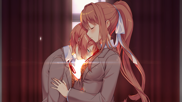 Anime picture 1920x1080 with doki doki literature club monika (doki doki literature club) sayori (doki doki literature club) satchely long hair blush fringe highres short hair open mouth hair between eyes brown hair wide image multiple girls payot game cg upper body ponytail indoors eyes closed