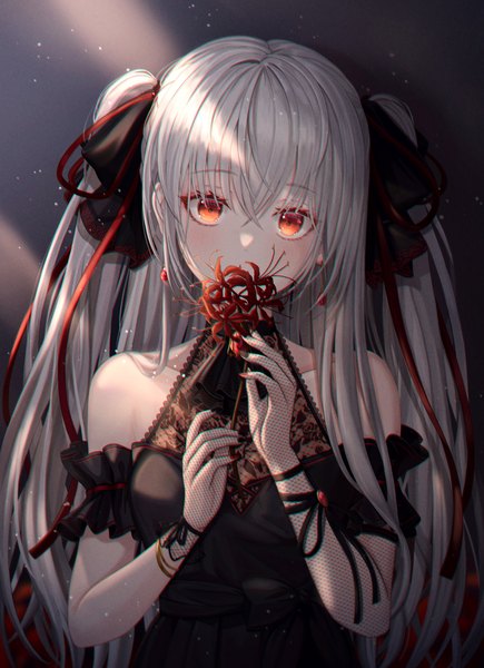 Anime picture 2083x2870 with original funii single long hair tall image looking at viewer blush fringe highres simple background hair between eyes red eyes bare shoulders holding payot silver hair nail polish head tilt fingernails covered mouth
