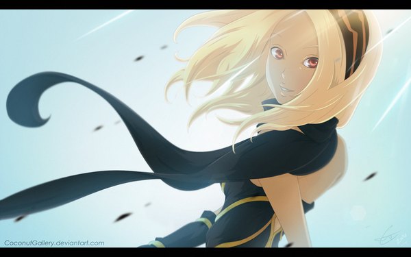 Anime picture 1920x1200 with gravity daze kat (gravity daze) coconutgallery single long hair highres blonde hair smile red eyes looking back coloring light letterboxed blue background girl dress