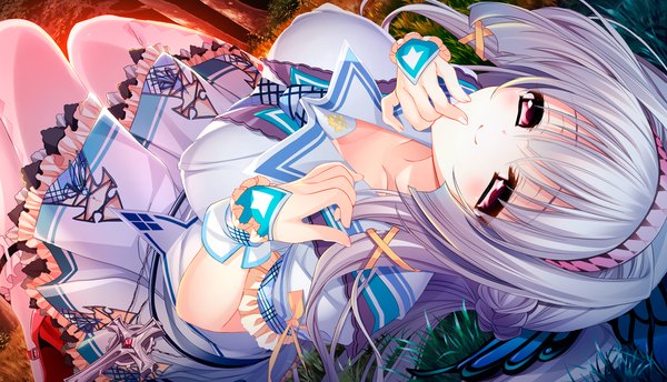 Anime picture 1427x820 with mayoeru futari to sekai no subete saeki touka single long hair looking at viewer blush breasts light erotic smile red eyes wide image large breasts game cg white hair lying girl dress uniform hair ornament school uniform