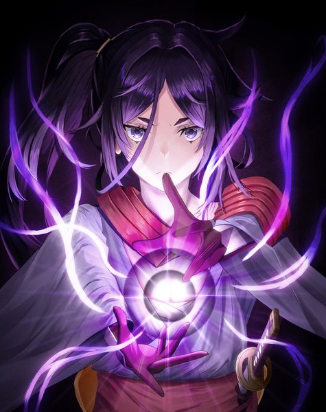 Anime picture 2133x2694 with dungeon ni deai wo motomeru no wa machigatteiru darou ka j.c. staff yamato mikoto furiousghafo single long hair tall image looking at viewer fringe highres hair between eyes standing purple eyes payot purple hair ponytail traditional clothes japanese clothes wide sleeves floating hair