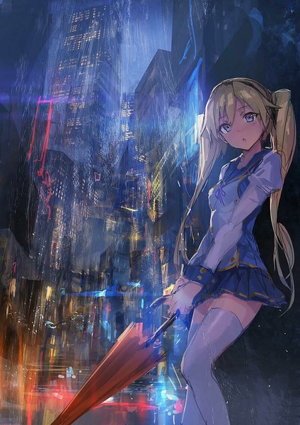 Anime picture 800x1132 with koko ga genkai no oval gakuen tagme (character) lm7 (op-center) single long hair tall image looking at viewer blush blonde hair twintails aqua eyes zettai ryouiki city rain city lights closed umbrella jpeg artifacts girl thighhighs skirt