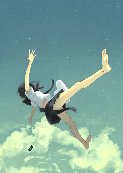 Anime picture 1500x2100 with original ipod tomaeda (bravered) single tall image short hair black hair sky cloud (clouds) no shoes spread arms falling girl uniform school uniform headphones star (stars) wire (wires) guitar