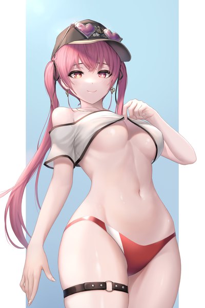 Anime picture 1866x2800 with virtual youtuber hololive houshou marine houshou marine (summer) kie (wylee2212) single long hair tall image looking at viewer blush fringe highres breasts light erotic simple background smile red eyes large breasts standing twintails