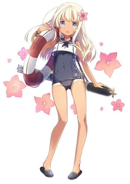 Anime picture 827x1169 with kantai collection ro-500 submarine h2so4 single long hair tall image looking at viewer open mouth blue eyes light erotic blonde hair holding hair flower covered navel tan tan lines girl hair ornament flower (flowers) swimsuit